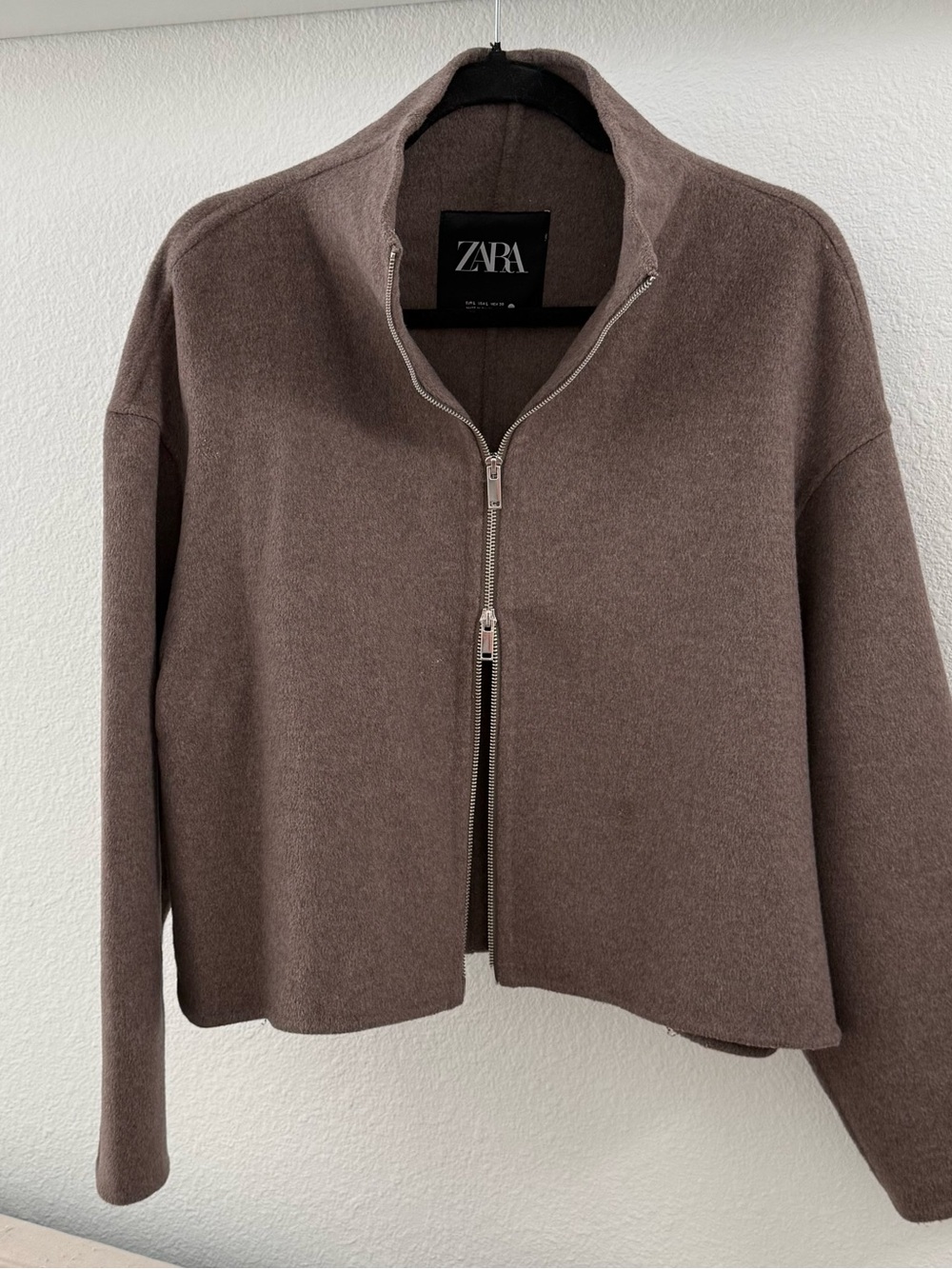 ZARA Women's Funnel Wool Neck Brown Zip-Front Jacket